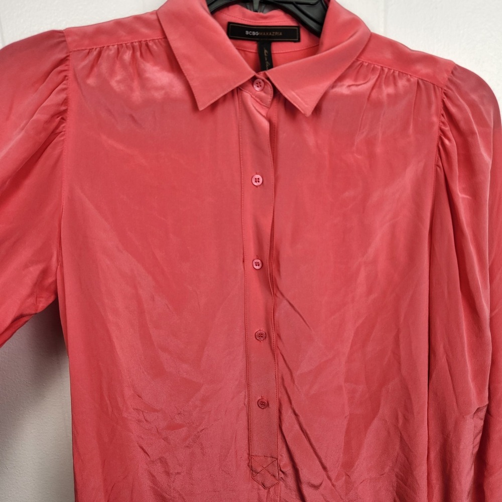 BCBGMAXAZRIA Shirt‎ Womens Small Pink Geranium Silk Long Sleeve Blouse Button Up - Picture 2 of 12